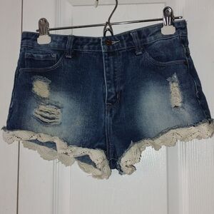 Forever 21 distress jean shorts with lace trim  Sz 27